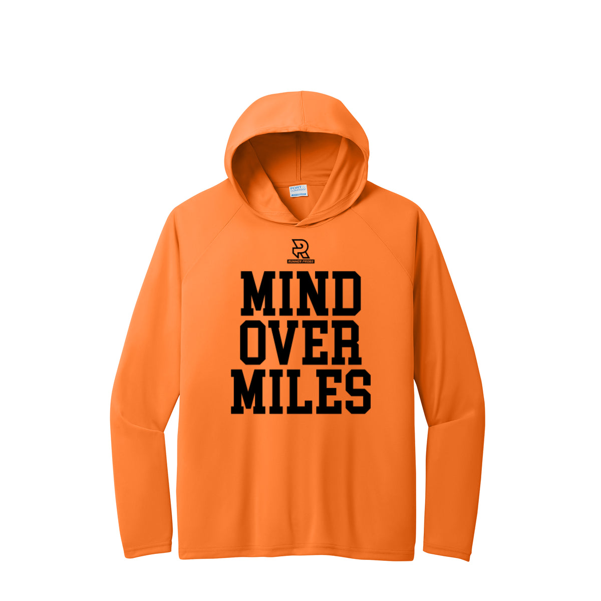 MIND OVER MILES (Black) - Long Sleeve Hooded Performance Tee