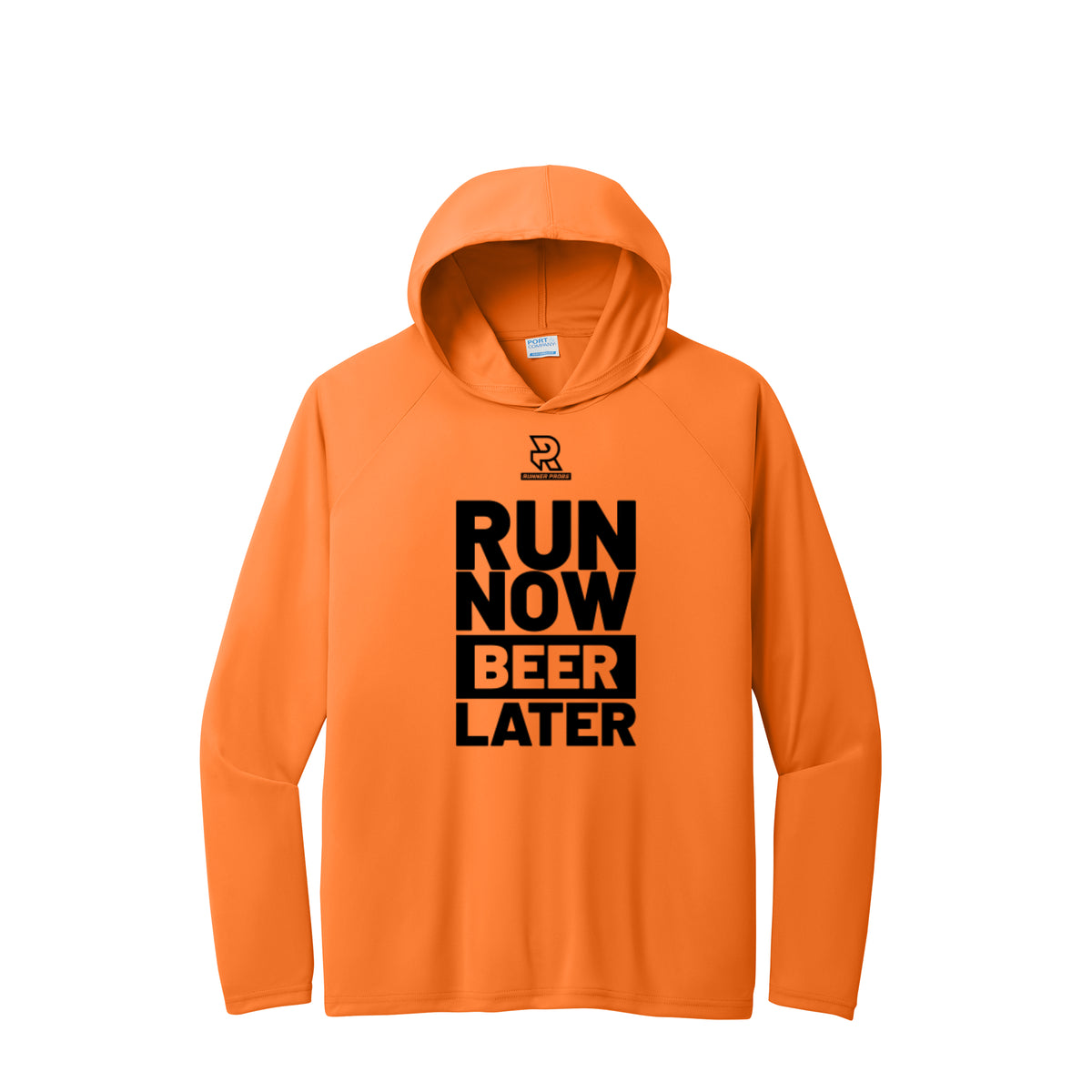 RUN NOW BEER LATER (Black) - Long Sleeve Hooded Performance Tee
