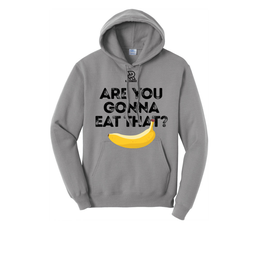 A gray pullover hoodie with a graphic on the front that reads 'Dead Legs Running Club' in black gothic lettering, featuring a small red and black sneaker illustration.