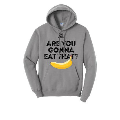 A gray pullover hoodie with a graphic on the front that reads 'Dead Legs Running Club' in black gothic lettering, featuring a small red and black sneaker illustration.