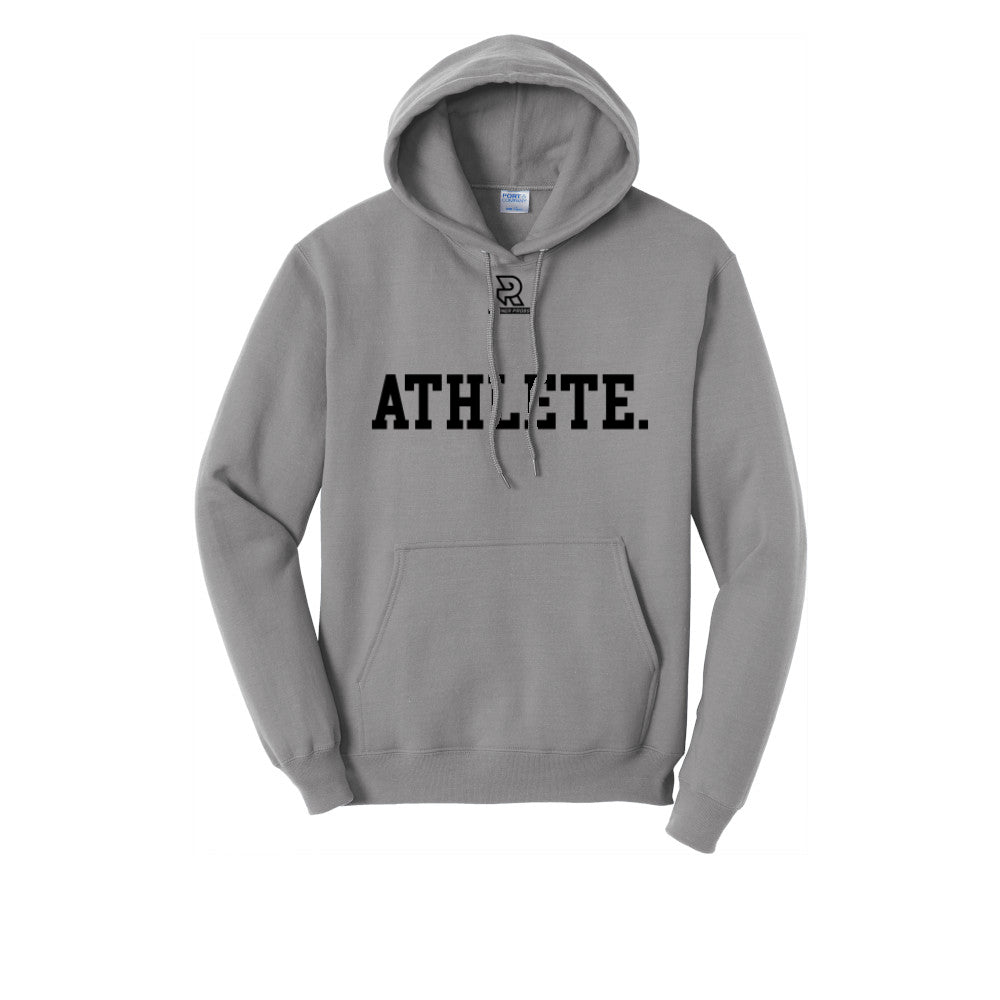 A gray pullover hoodie with a graphic on the front that reads 'Dead Legs Running Club' in black gothic lettering, featuring a small red and black sneaker illustration.