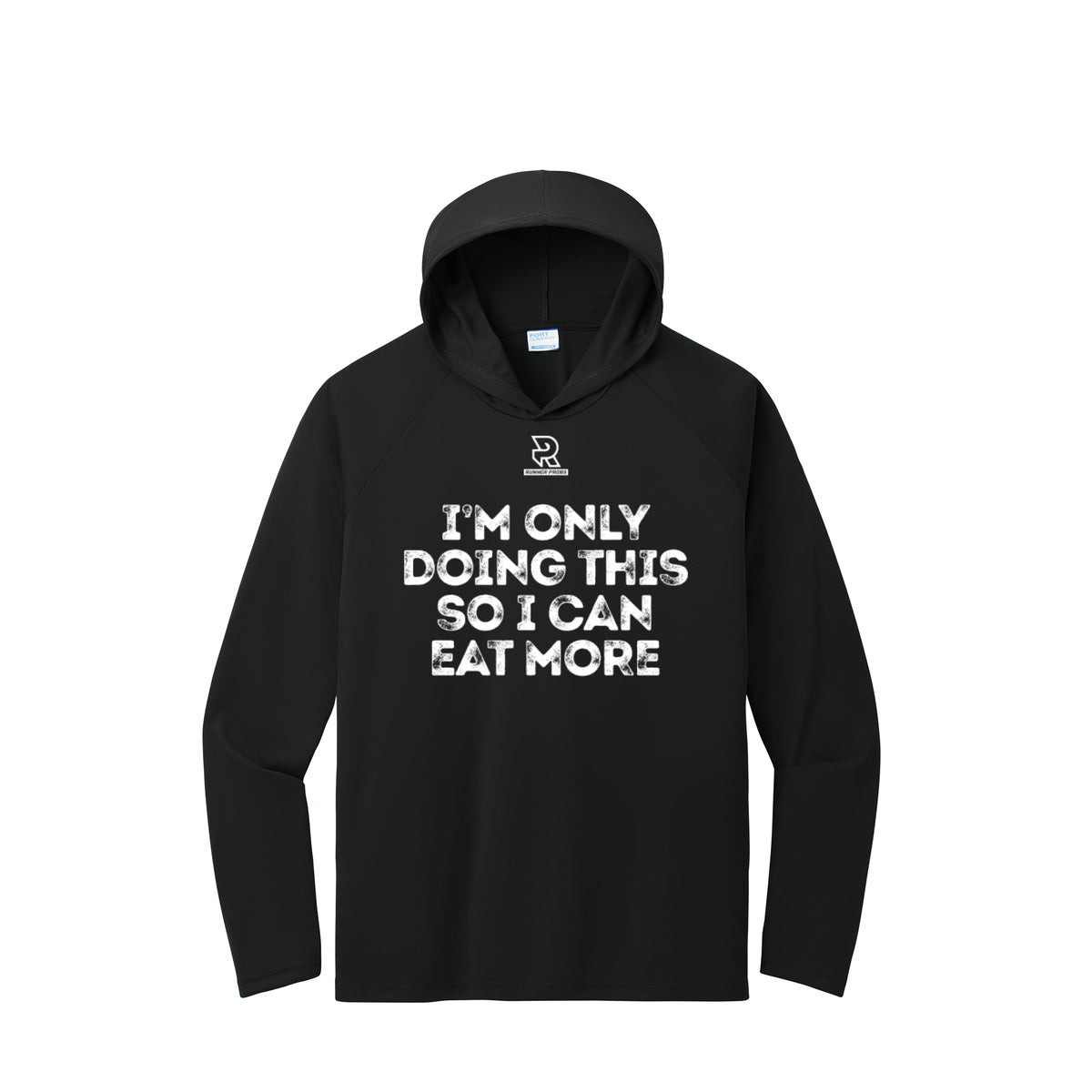 EAT MORE (White) - Long Sleeve Hooded Performance Tee