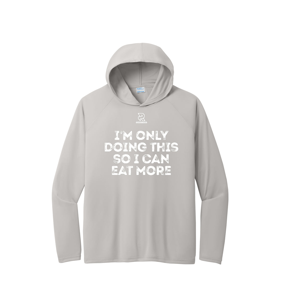 EAT MORE (White) - Long Sleeve Hooded Performance Tee