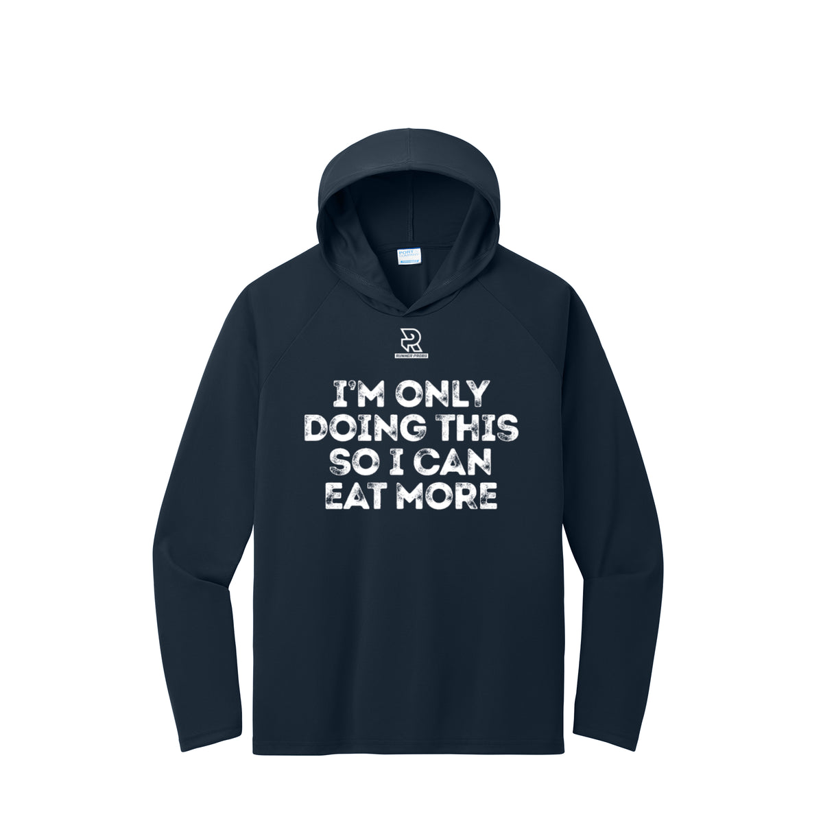 EAT MORE (White) - Long Sleeve Hooded Performance Tee