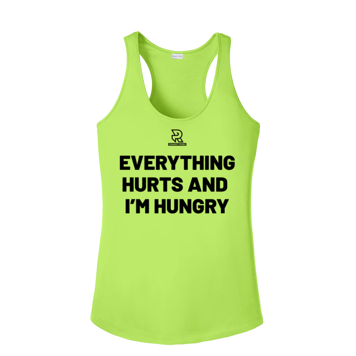 EVERYTHING HURTS AND I'M HUNGRY (Black) - Womens Competitor Racerback Tank