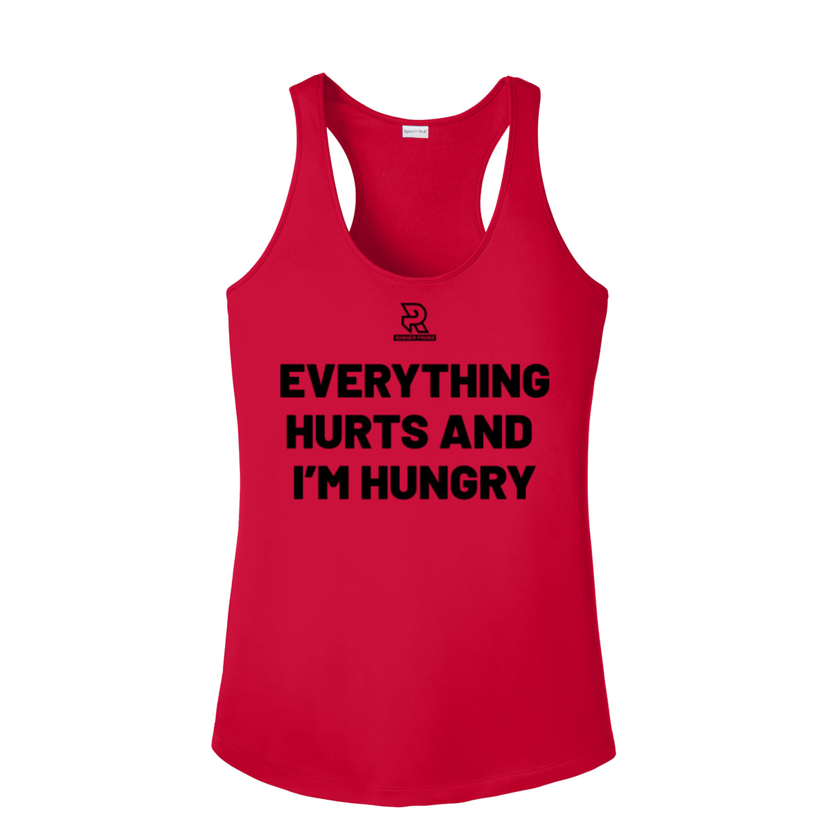 EVERYTHING HURTS AND I'M HUNGRY (Black) - Womens Competitor Racerback Tank