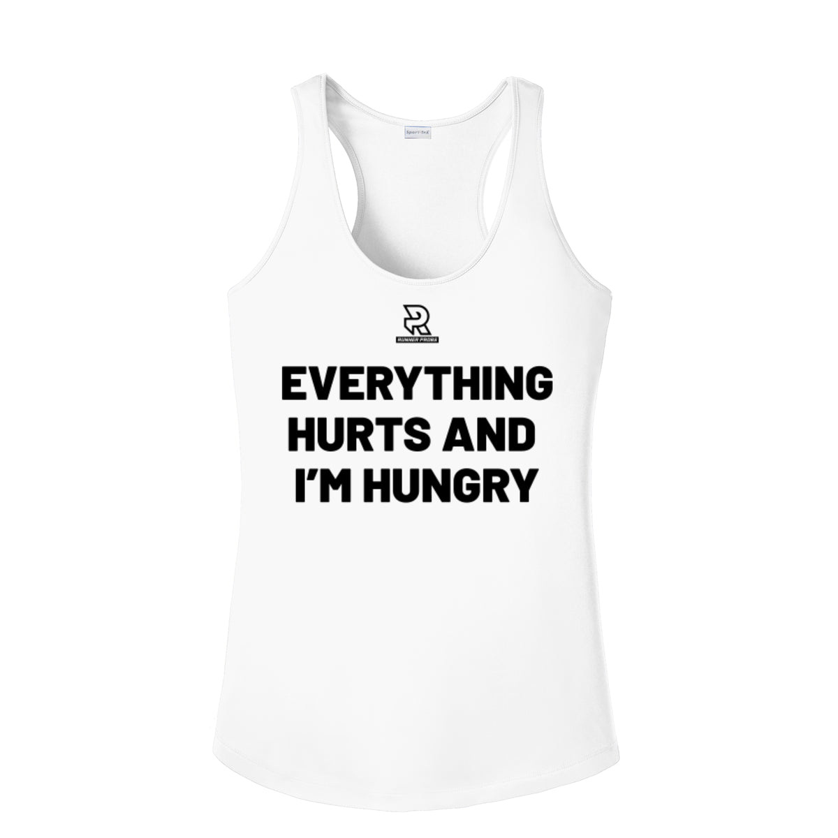 EVERYTHING HURTS AND I'M HUNGRY (Black) - Womens Competitor Racerback Tank