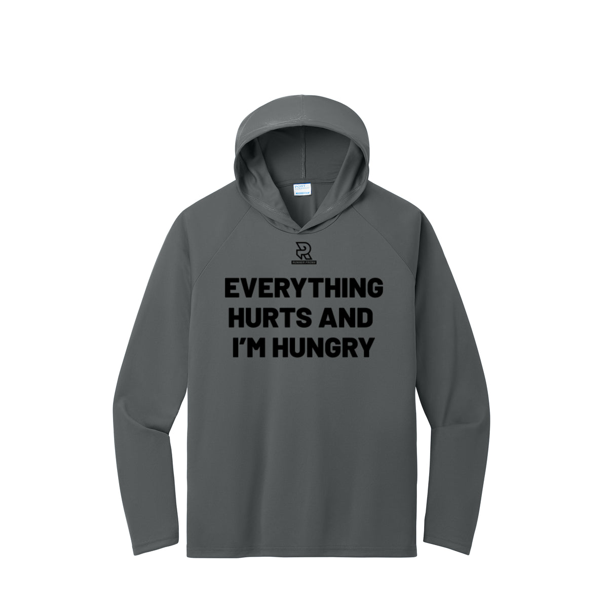 EVERYTHING HURTS AND I'M HUNGRY (Black) - Long Sleeve Hooded Performance Tee