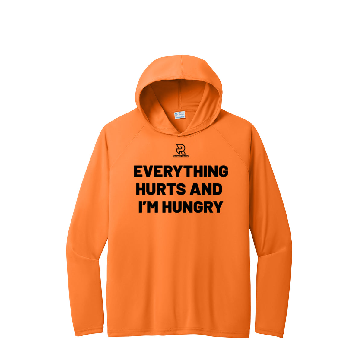 EVERYTHING HURTS AND I'M HUNGRY (Black) - Long Sleeve Hooded Performance Tee
