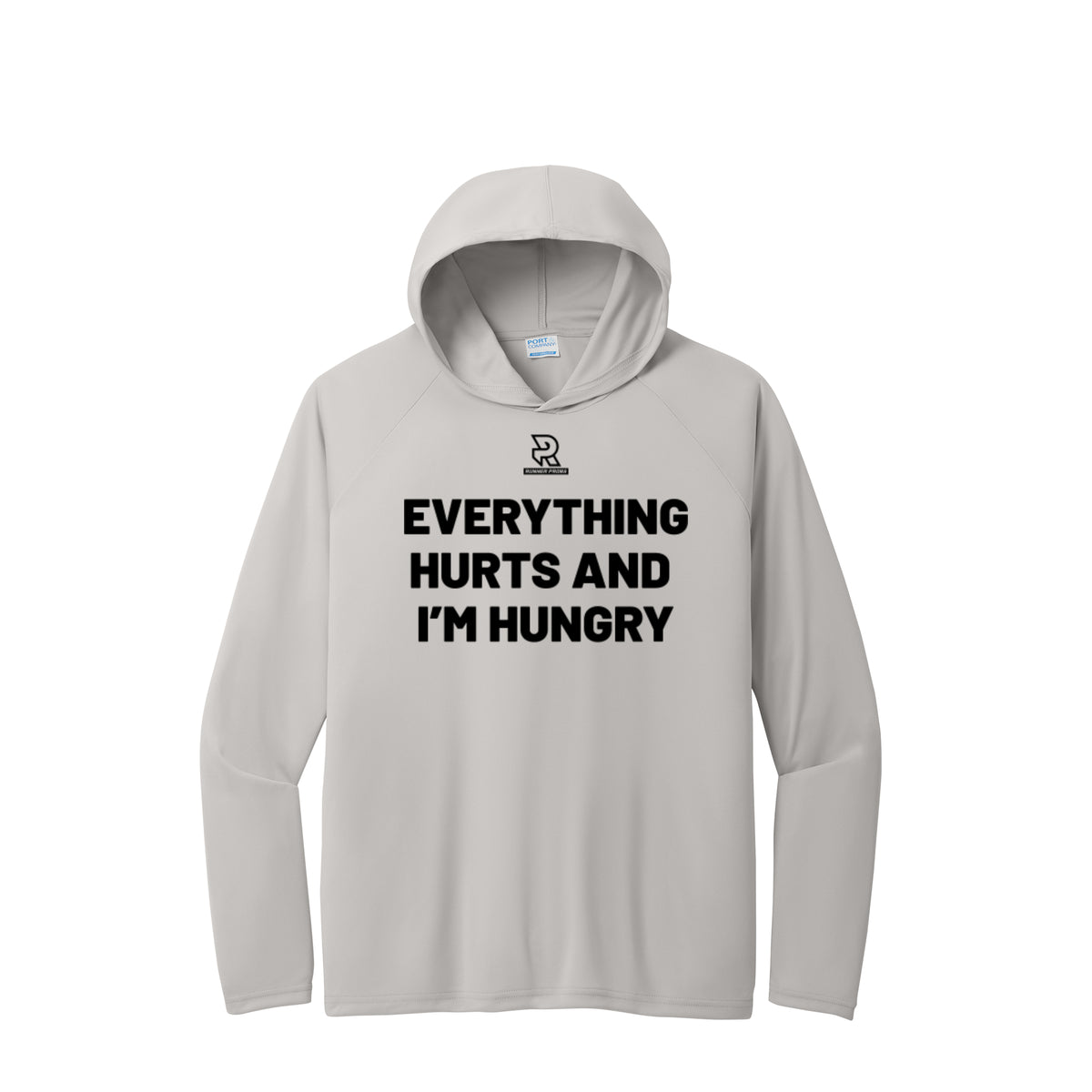 EVERYTHING HURTS AND I'M HUNGRY (Black) - Long Sleeve Hooded Performance Tee