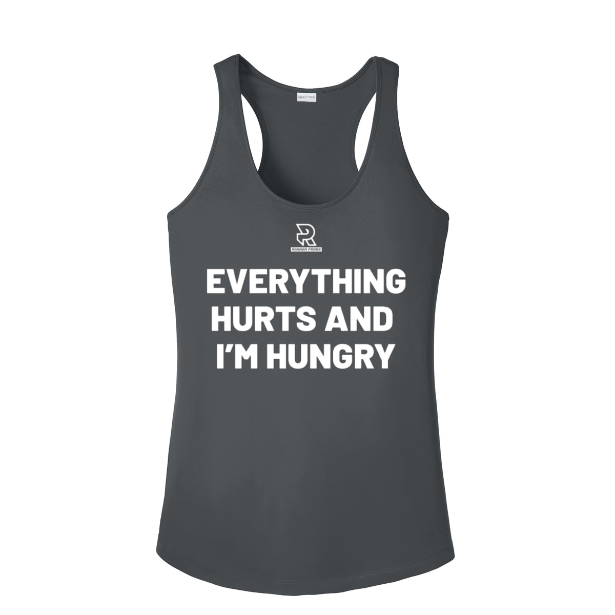 EVERYTHING HURTS AND I'M HUNGRY (White) - Womens Competitor Racerback Tank