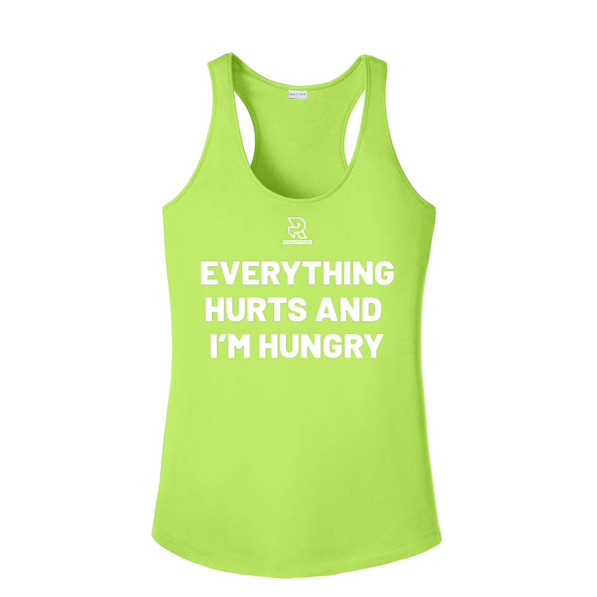 EVERYTHING HURTS AND I'M HUNGRY (White) - Womens Competitor Racerback Tank