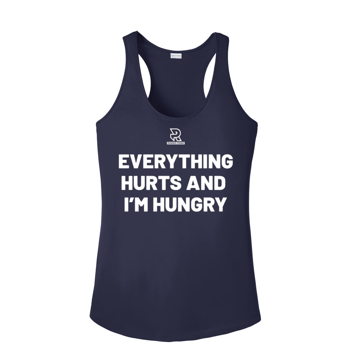 EVERYTHING HURTS AND I'M HUNGRY (White) - Womens Competitor Racerback Tank