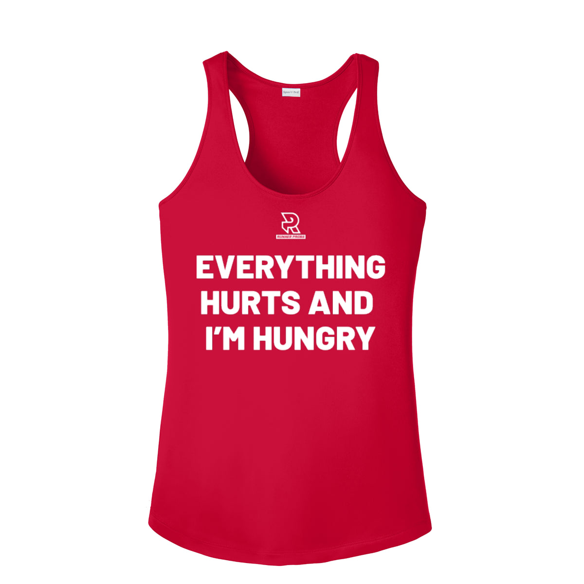 EVERYTHING HURTS AND I'M HUNGRY (White) - Womens Competitor Racerback Tank