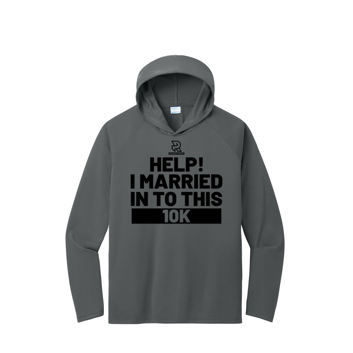 HELP! I MARRIED INTO THIS 10K (Black) - Long Sleeve Hooded Performance Tee