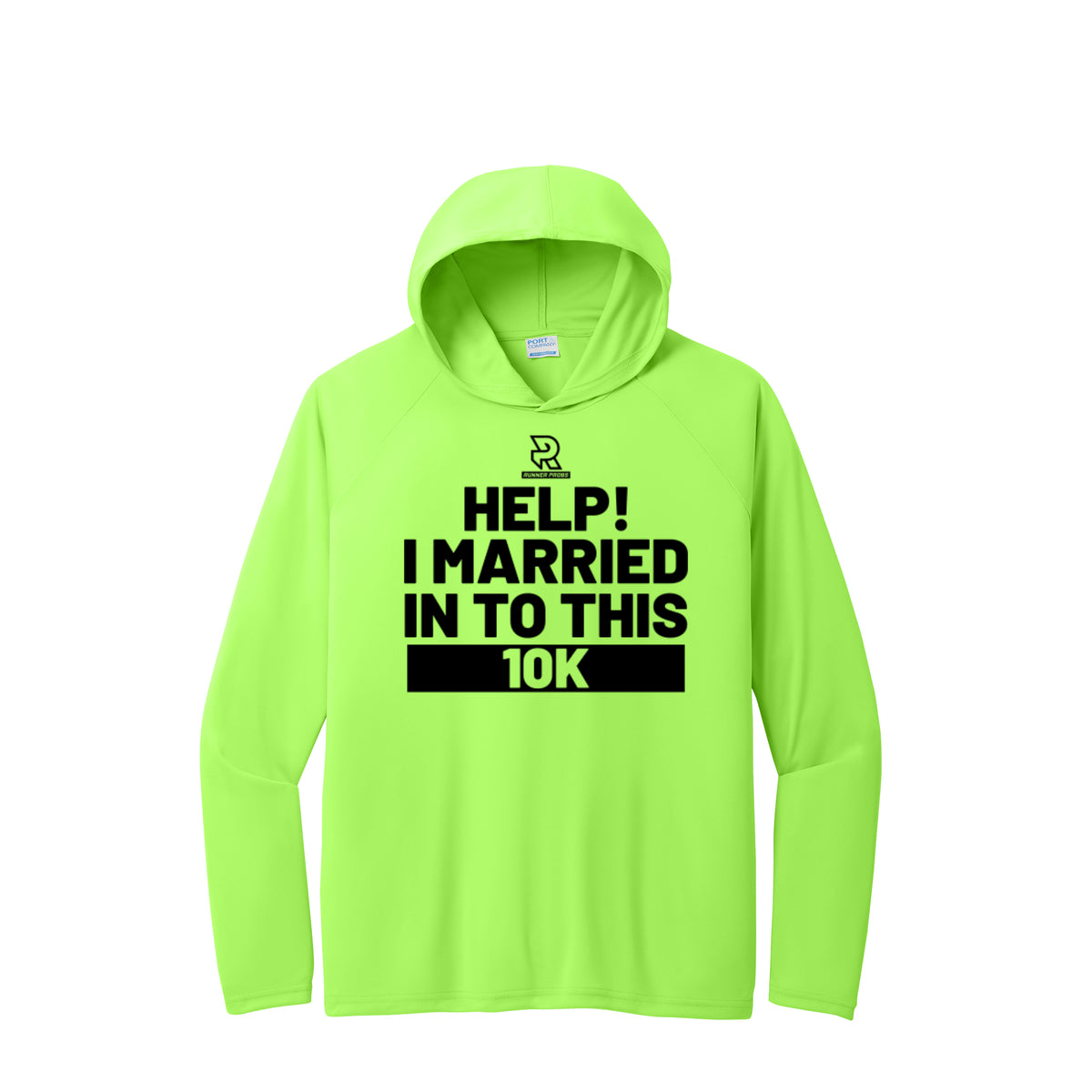 HELP! I MARRIED INTO THIS 10K (Black) - Long Sleeve Hooded Performance Tee