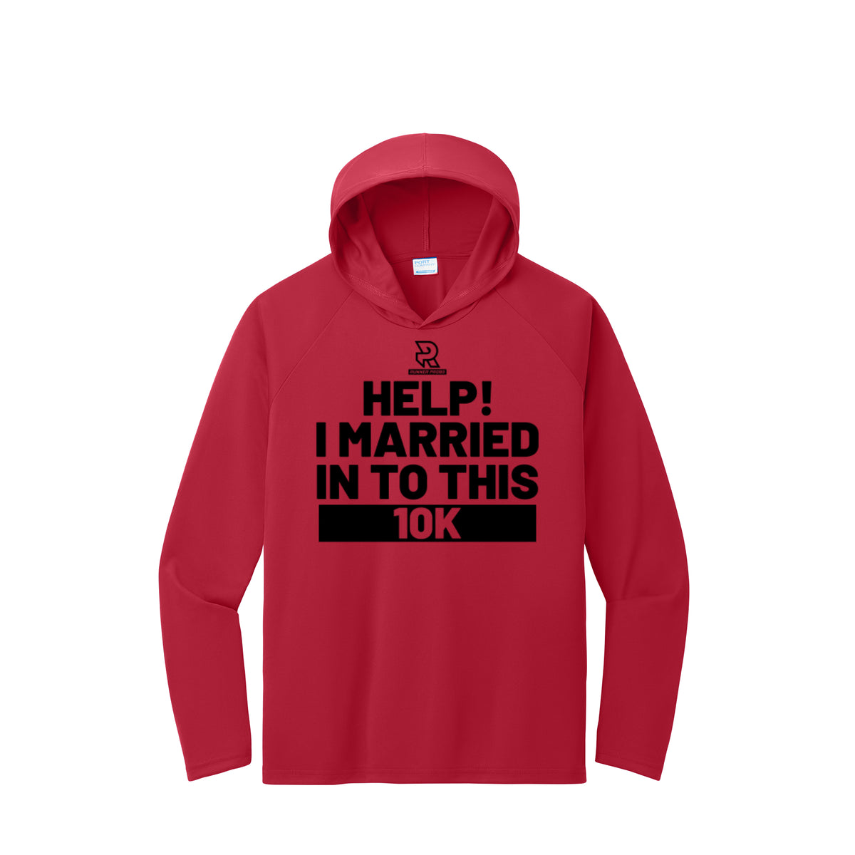 HELP! I MARRIED INTO THIS 10K (Black) - Long Sleeve Hooded Performance Tee