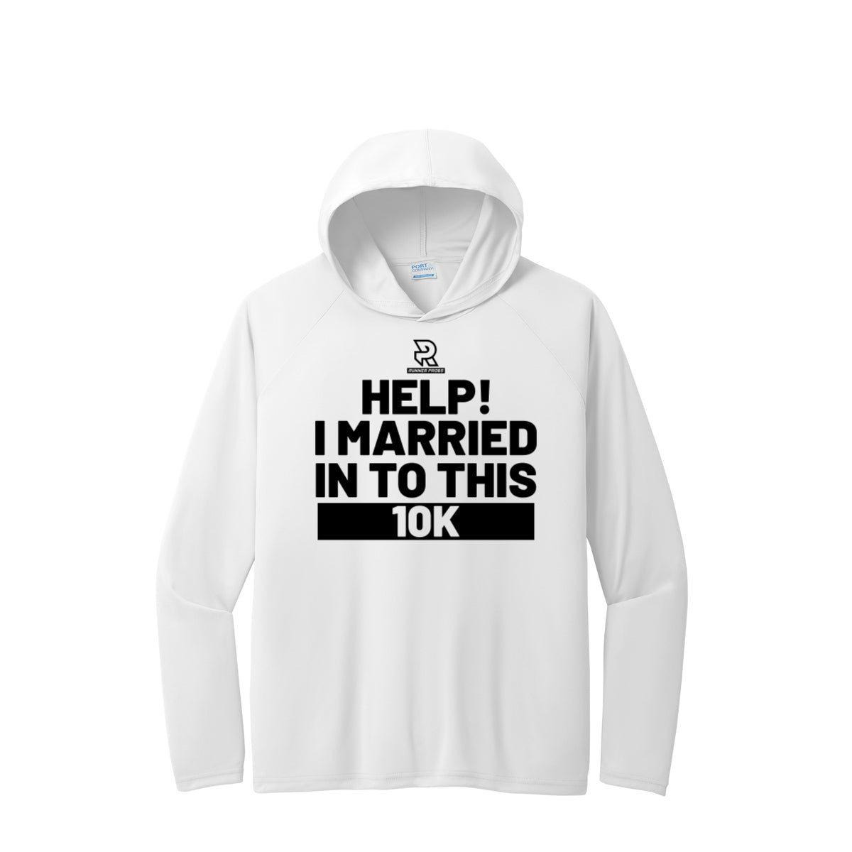 HELP! I MARRIED INTO THIS 10K (Black) - Long Sleeve Hooded Performance Tee