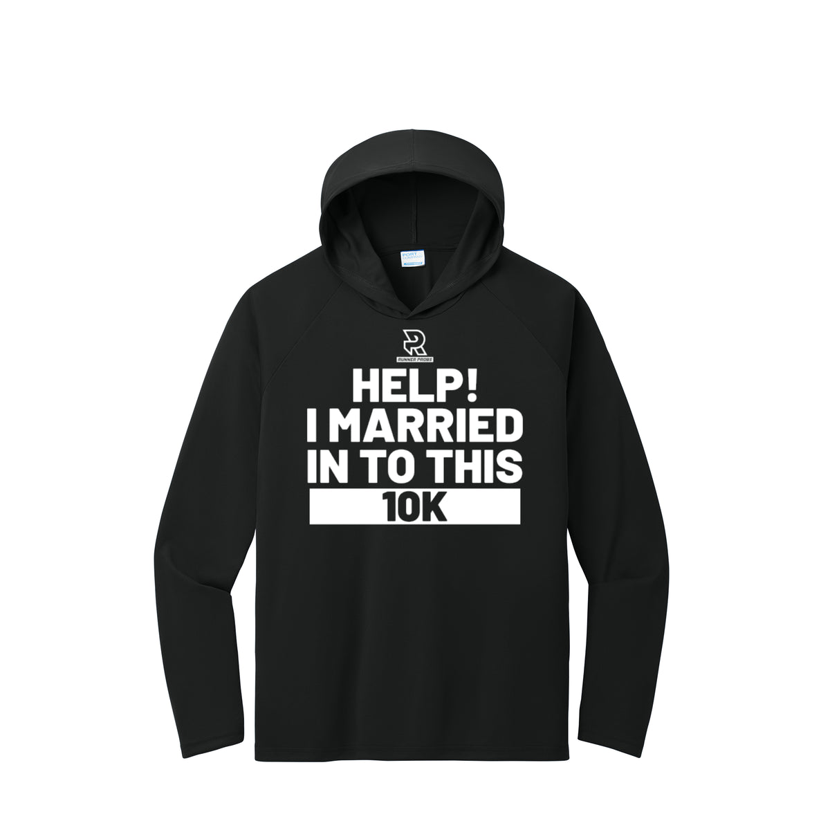 HELP! I MARRIED INTO THIS 10K (White) - Long Sleeve Hooded Performance Tee