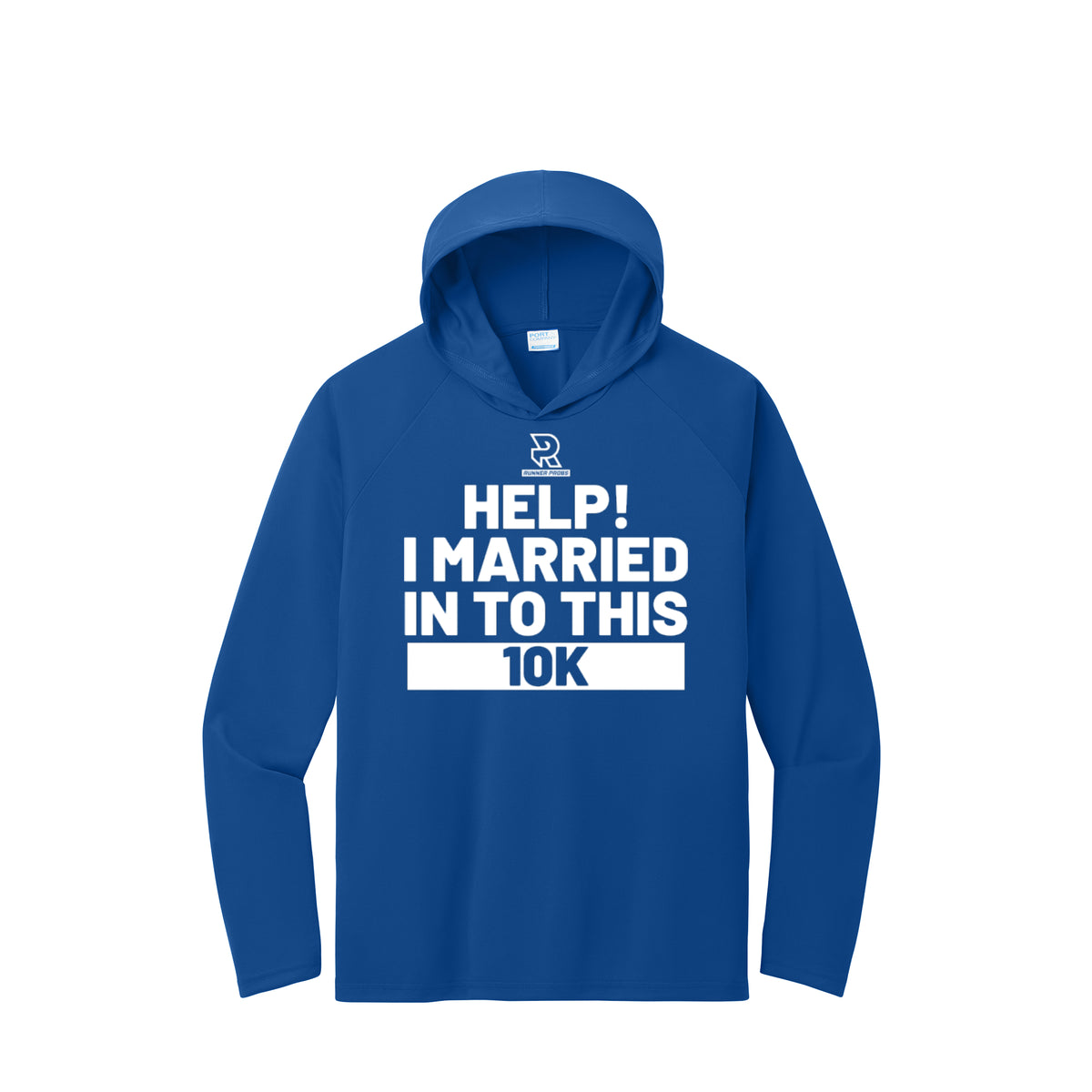 HELP! I MARRIED INTO THIS 10K (White) - Long Sleeve Hooded Performance Tee