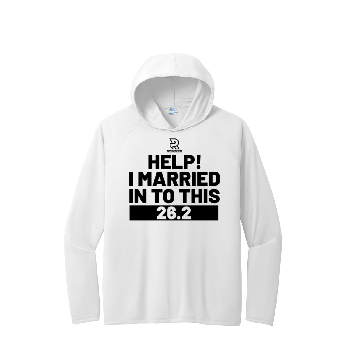 HELP! I MARRIED INTO THIS 26.2 (Black) - Long Sleeve Hooded Performance Tee