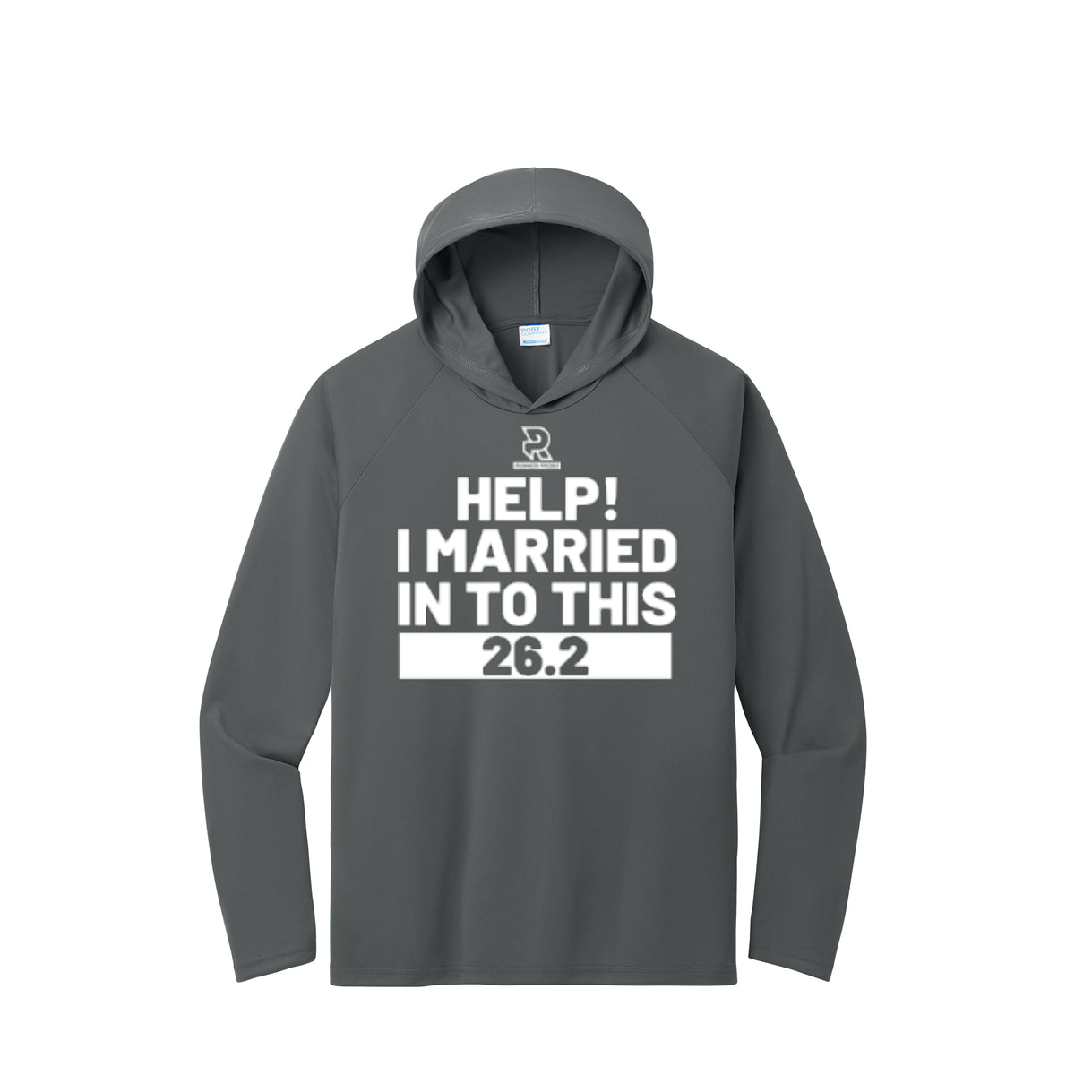 HELP! I MARRIED INTO THIS 26.2 (White) - Long Sleeve Hooded Performance Tee