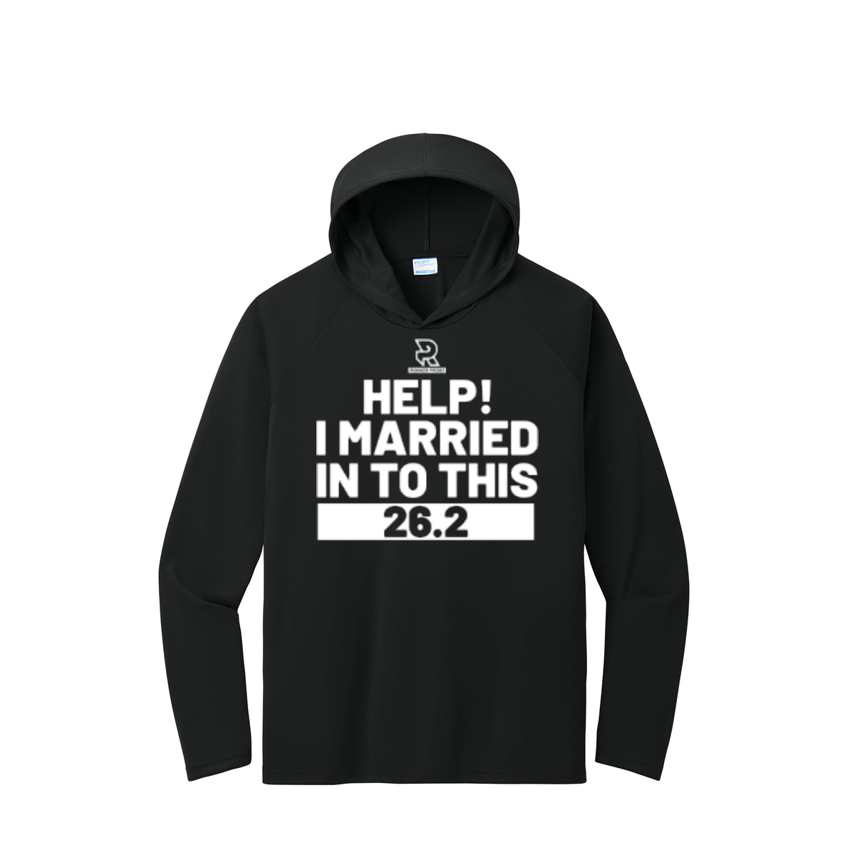 HELP! I MARRIED INTO THIS 26.2 (White) - Long Sleeve Hooded Performance Tee