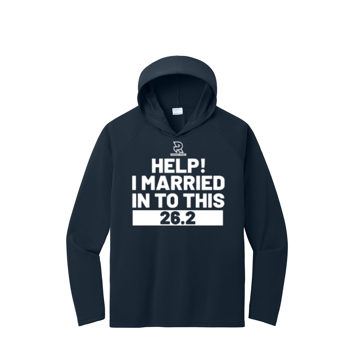 HELP! I MARRIED INTO THIS 26.2 (White) - Long Sleeve Hooded Performance Tee