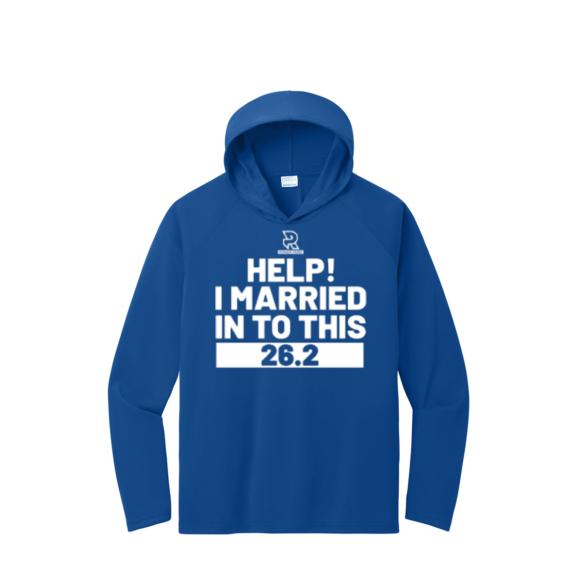 HELP! I MARRIED INTO THIS 26.2 (White) - Long Sleeve Hooded Performance Tee