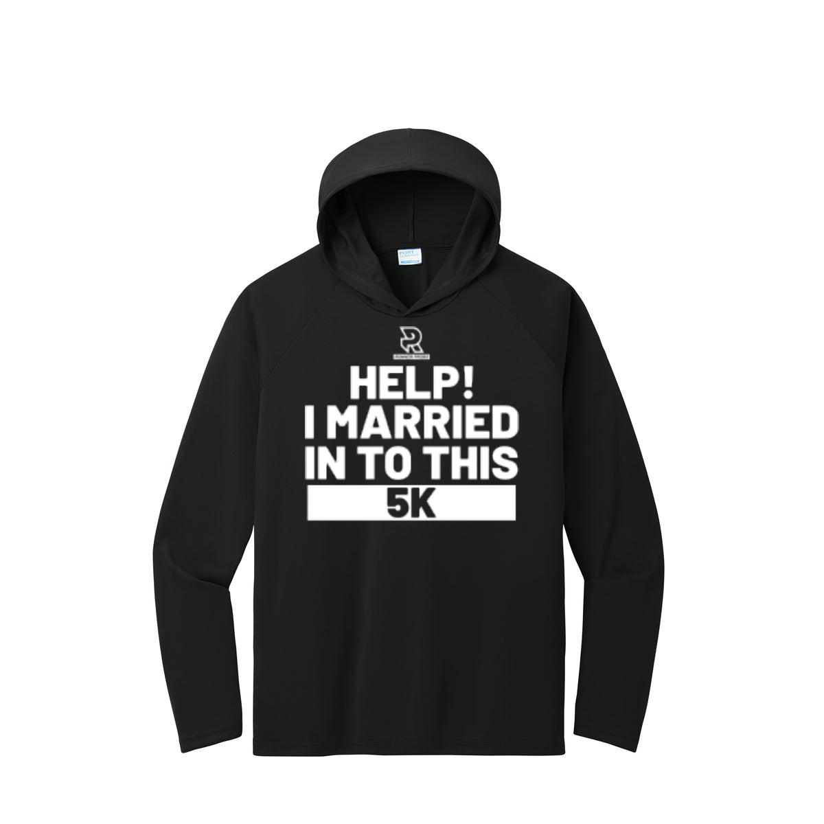 HELP! I MARRIED INTO THIS 5K (White) - Long Sleeve Hooded Performance Tee