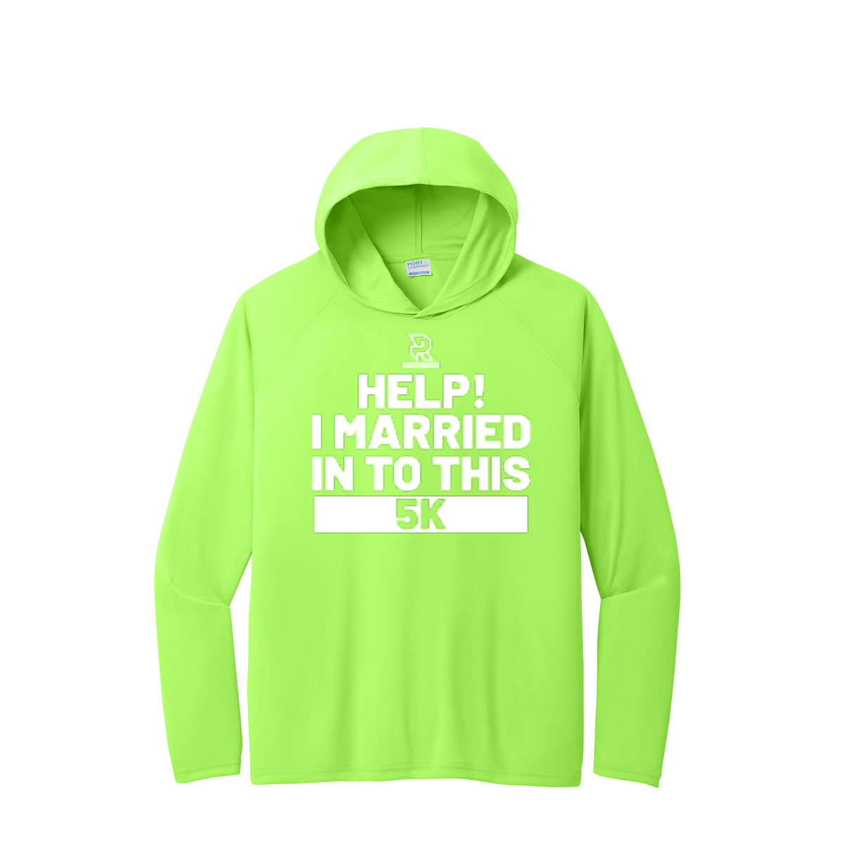 HELP! I MARRIED INTO THIS 5K (White) - Long Sleeve Hooded Performance Tee