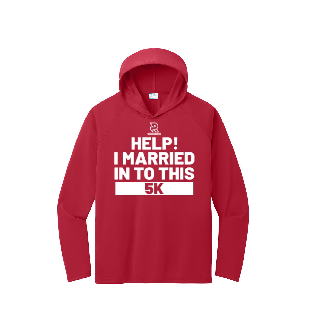 HELP! I MARRIED INTO THIS 5K (White) - Long Sleeve Hooded Performance Tee