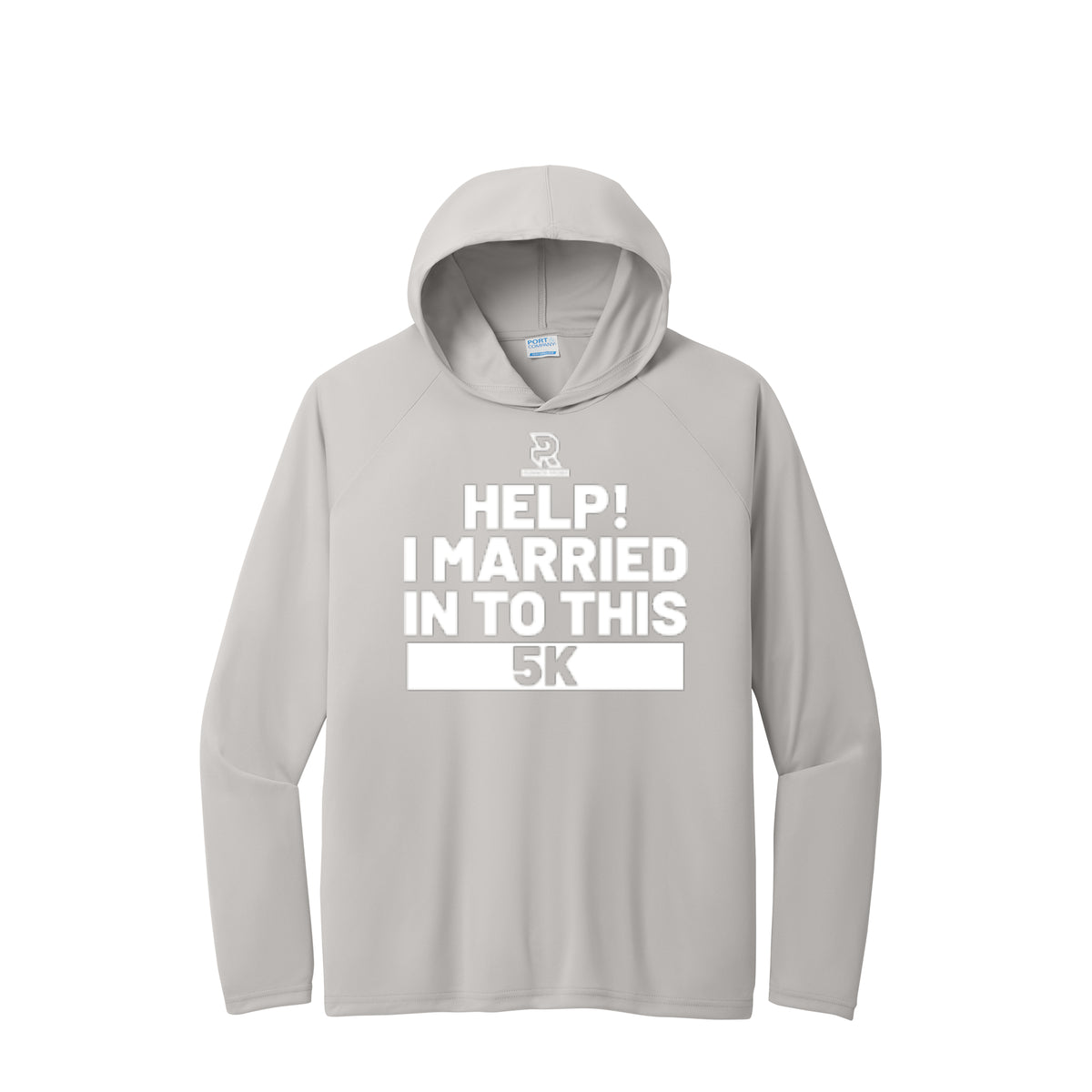 HELP! I MARRIED INTO THIS 5K (White) - Long Sleeve Hooded Performance Tee