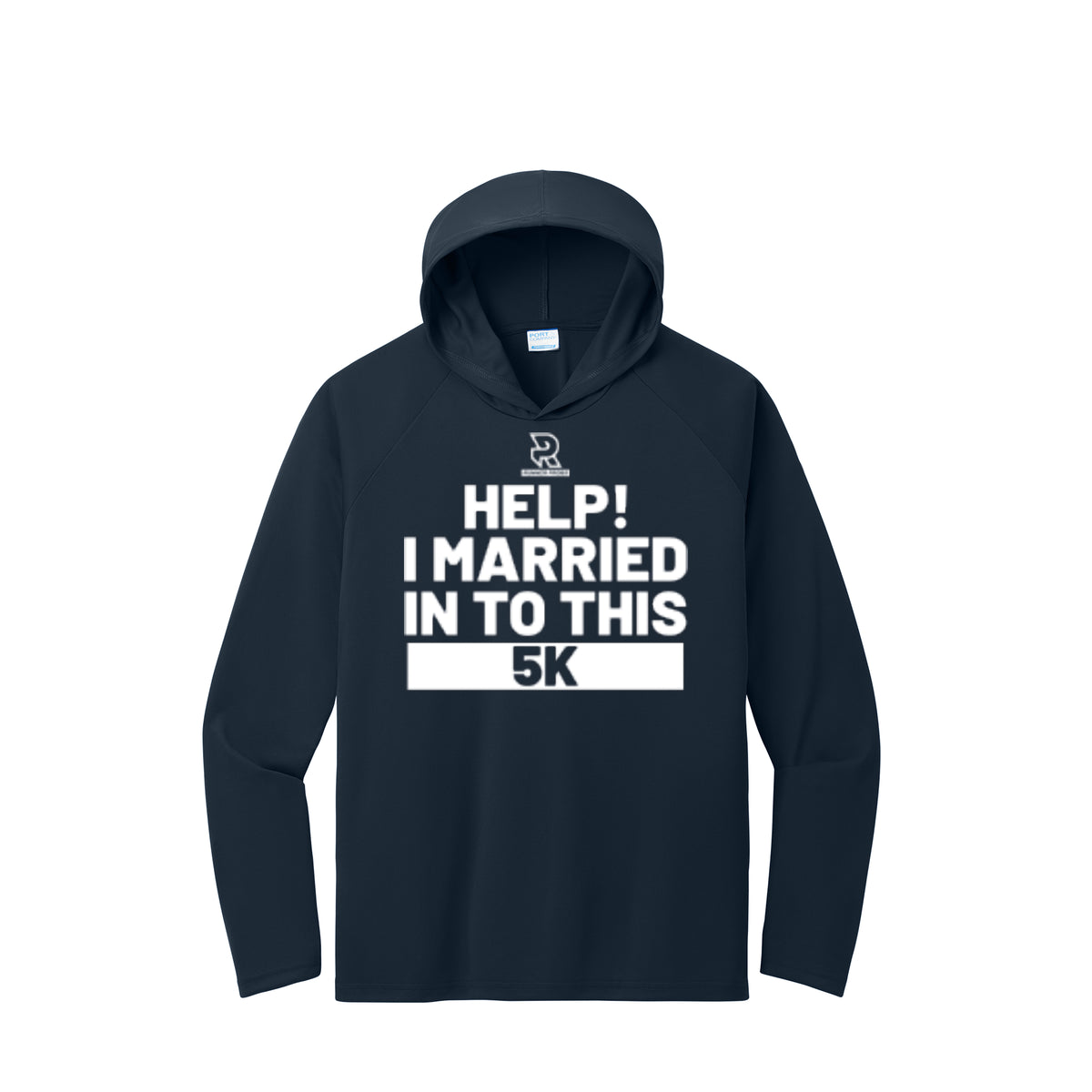 HELP! I MARRIED INTO THIS 5K (White) - Long Sleeve Hooded Performance Tee