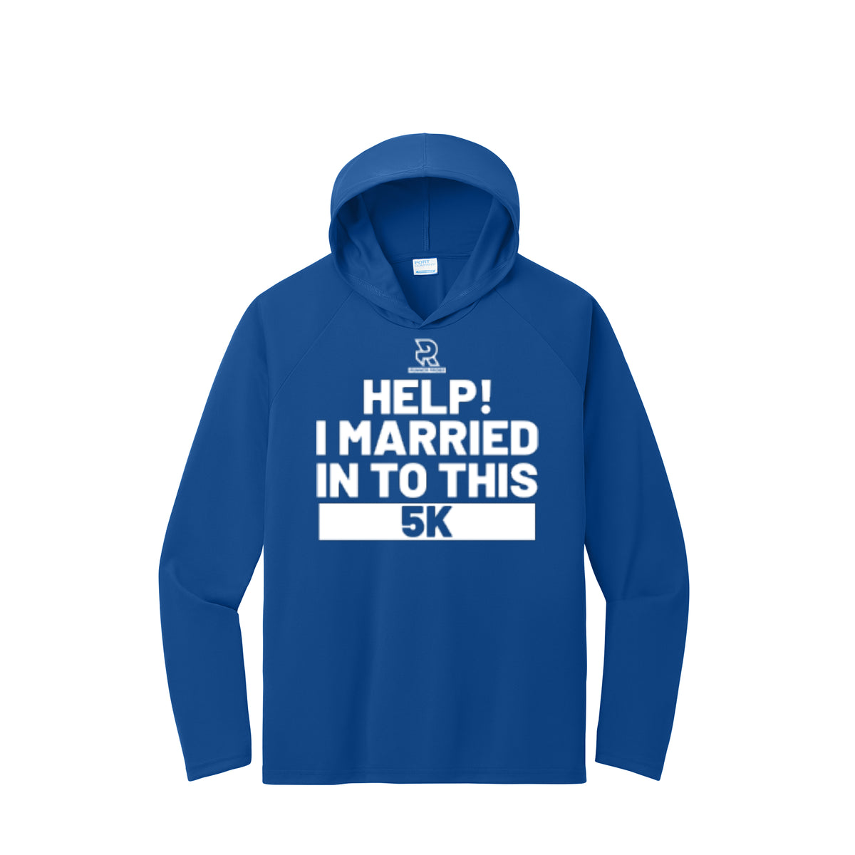 HELP! I MARRIED INTO THIS 5K (White) - Long Sleeve Hooded Performance Tee