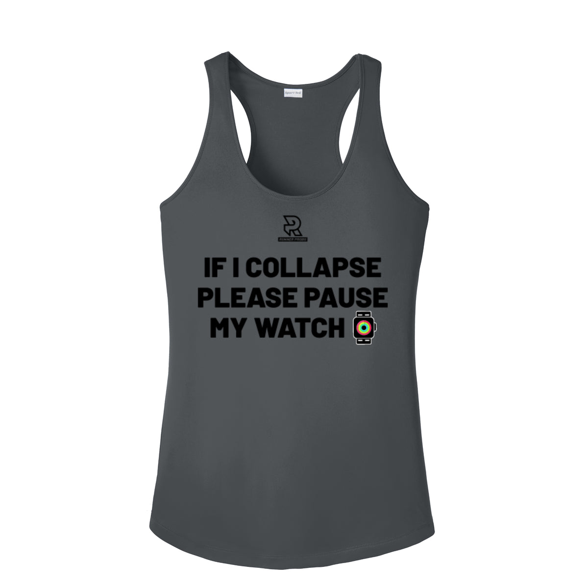 IF I COLLAPSE PLEASE PAUSE MY WATCH (Black) - Womens Competitor Racerback Tank