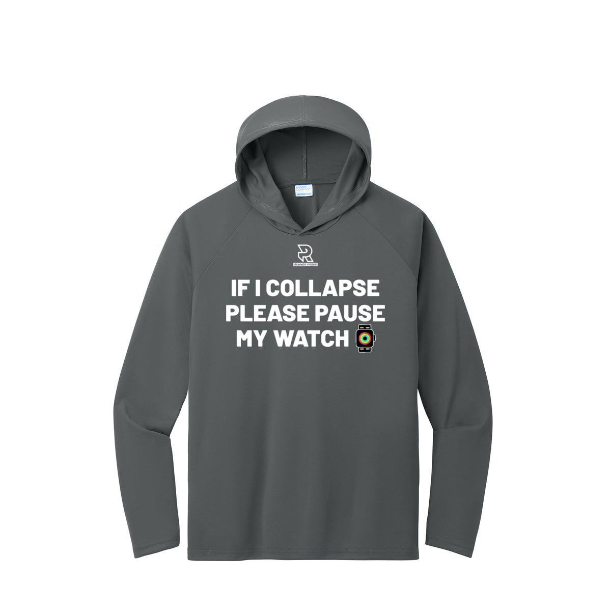 IF I COLLAPSE PLEASE PAUSE MY WATCH (White) - Long Sleeve Hooded Performance Tee