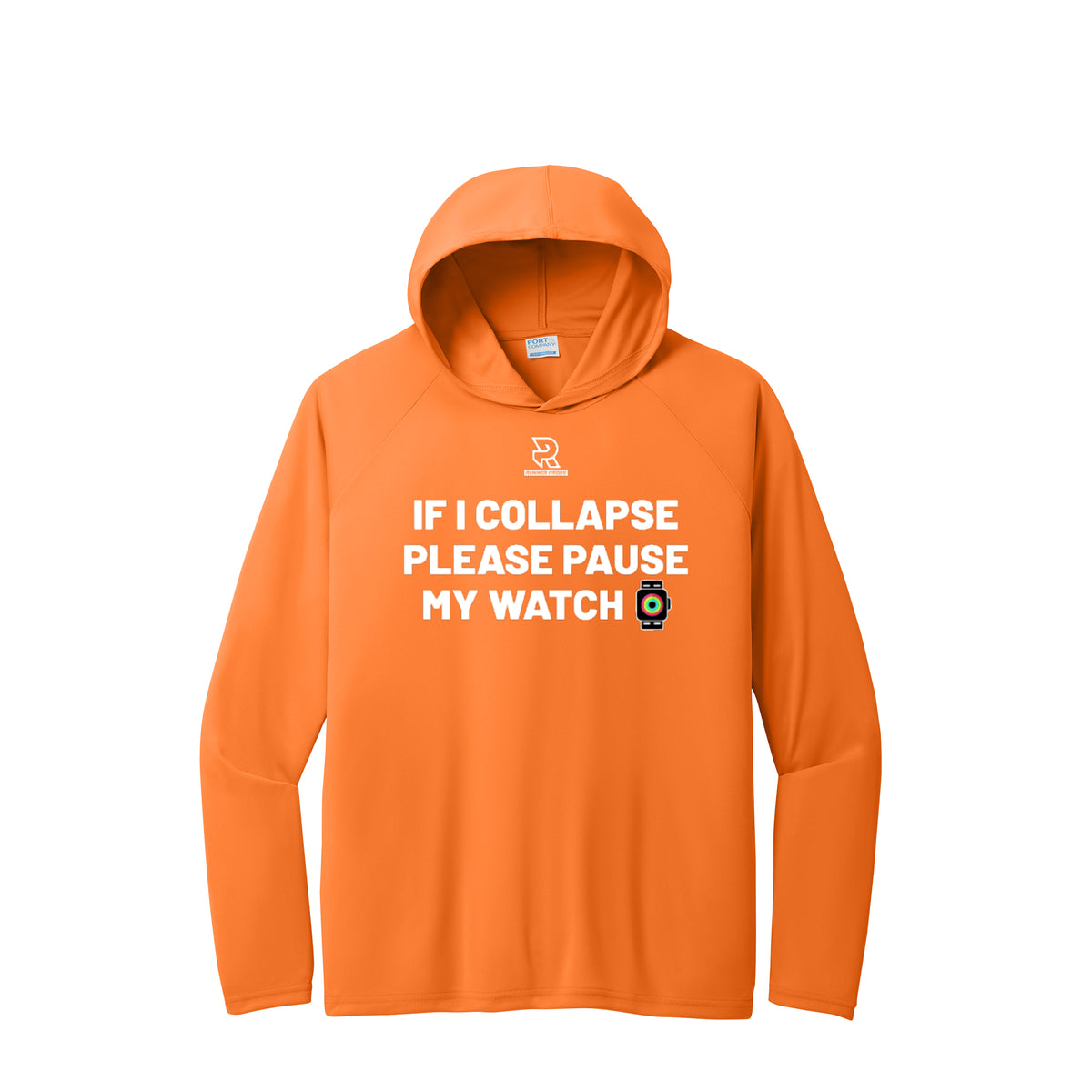 IF I COLLAPSE PLEASE PAUSE MY WATCH (White) - Long Sleeve Hooded Performance Tee