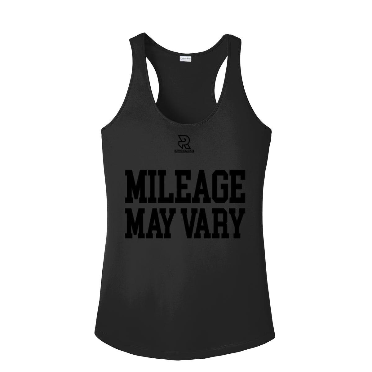 MILEAGE MAY VARY (Black) - Womens Competitor Racerback Tank