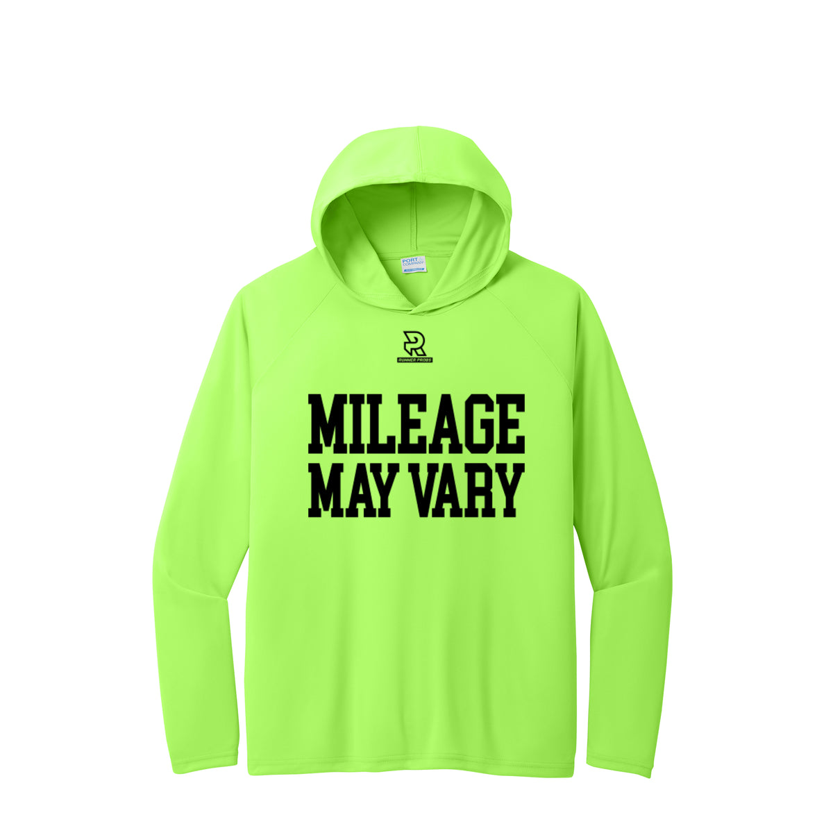 MILEAGE MAY VARY (Black) - Long Sleeve Hooded Performance Tee