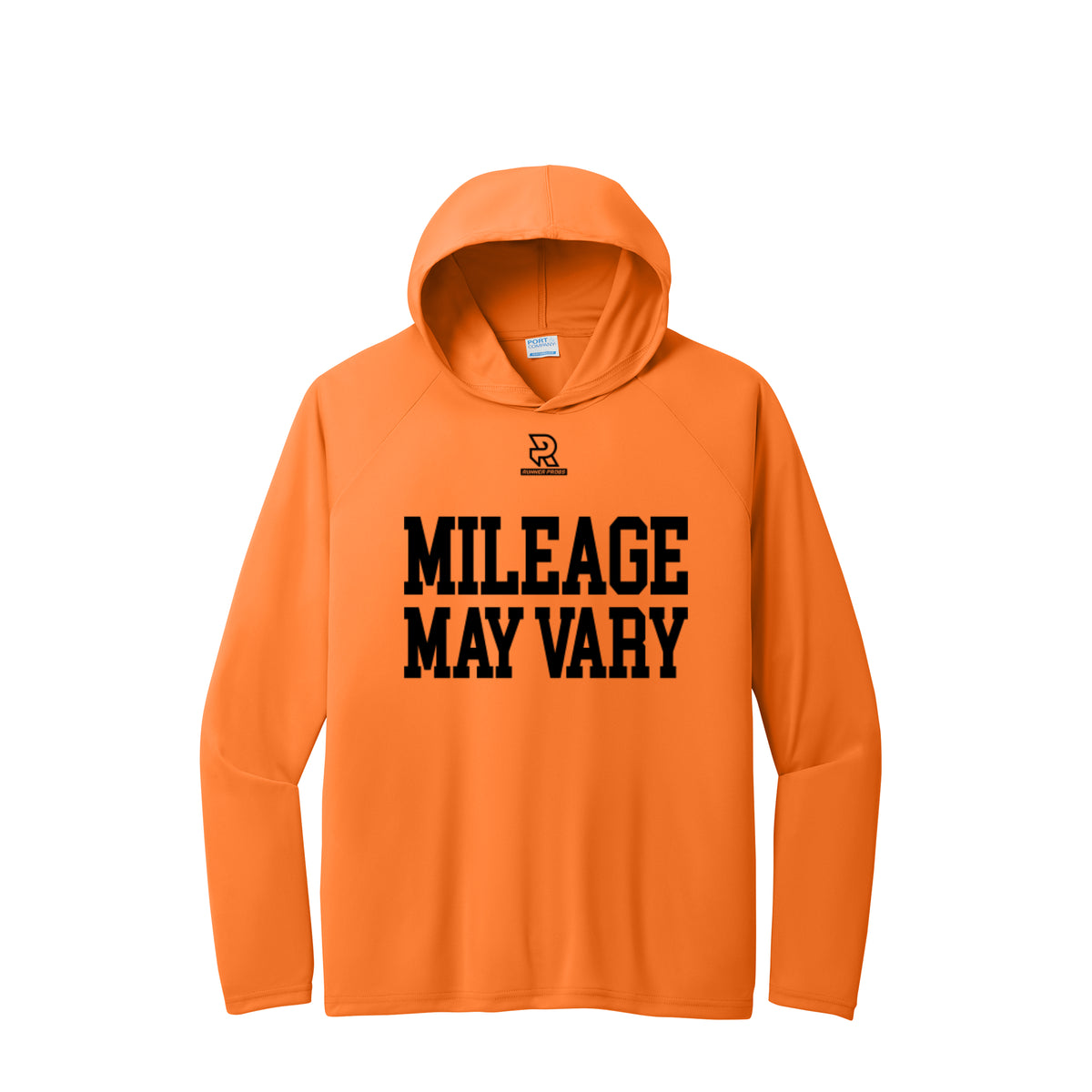 MILEAGE MAY VARY (Black) - Long Sleeve Hooded Performance Tee