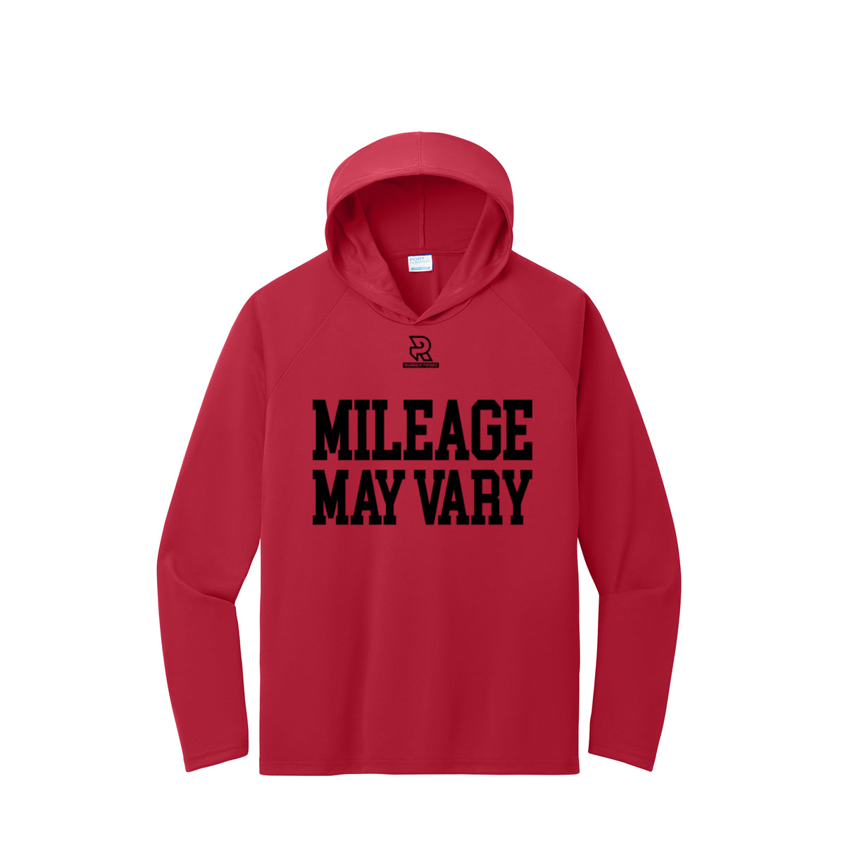 MILEAGE MAY VARY (Black) - Long Sleeve Hooded Performance Tee