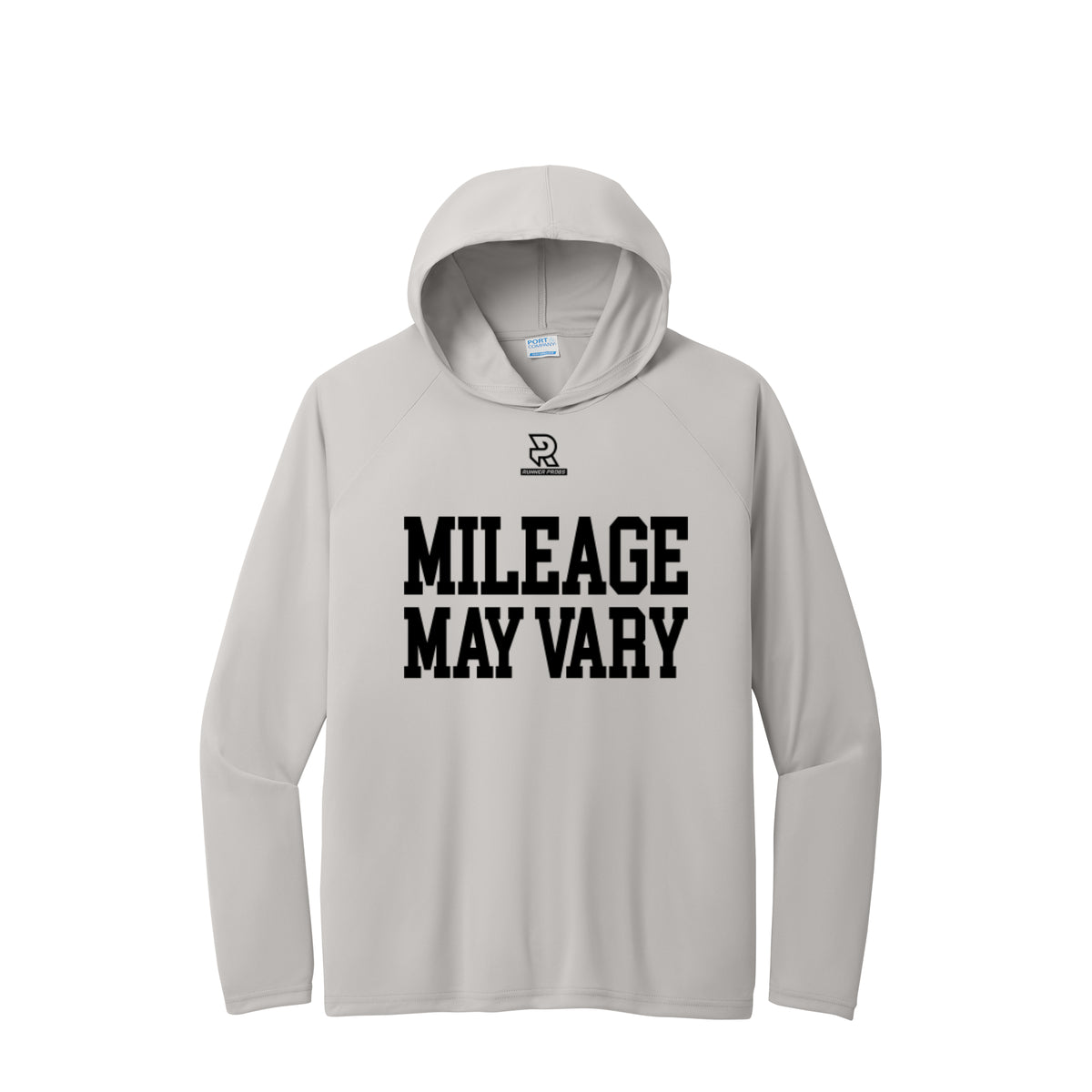 MILEAGE MAY VARY (Black) - Long Sleeve Hooded Performance Tee