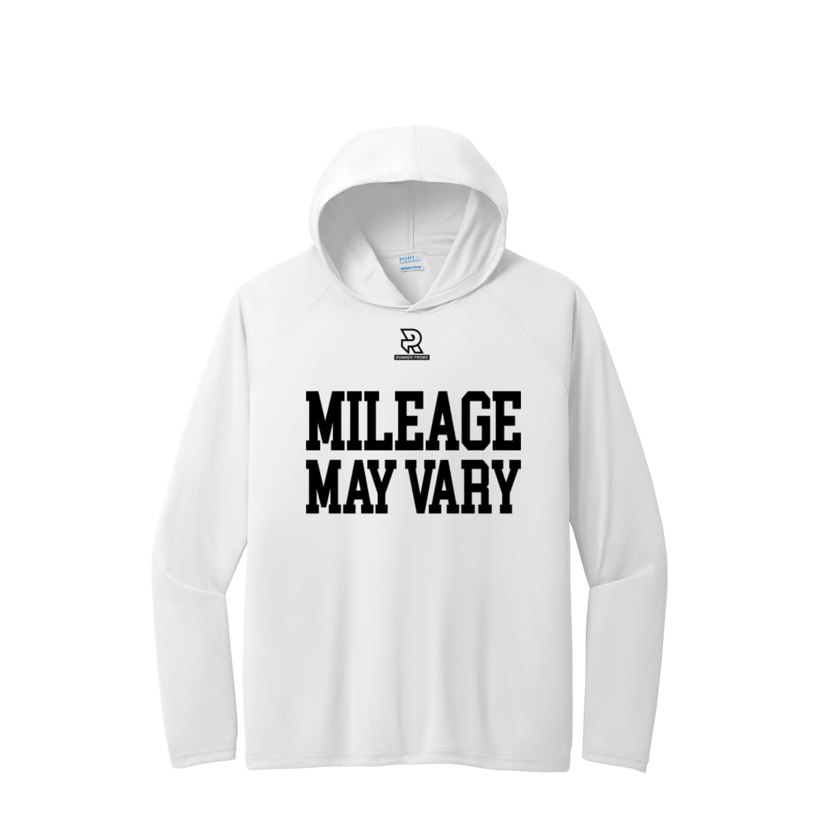 MILEAGE MAY VARY (Black) - Long Sleeve Hooded Performance Tee