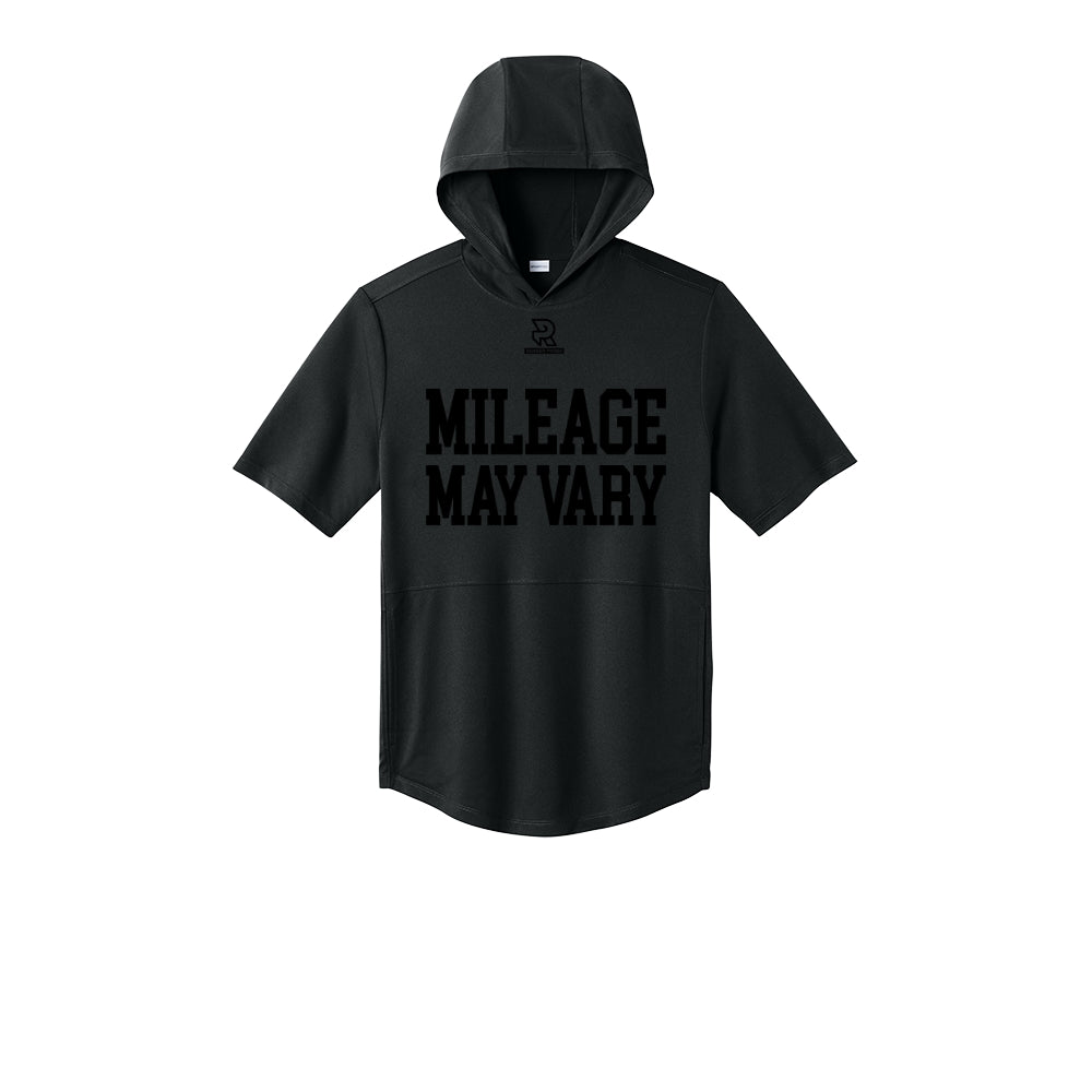 MILEAGE MAY VARY (Black) - Short Sleeve Performance Hoodie