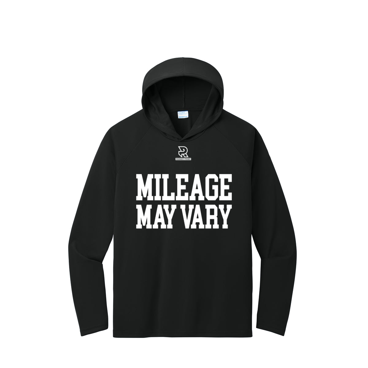 MILEAGE MAY VARY (White) - Long Sleeve Hooded Performance Tee