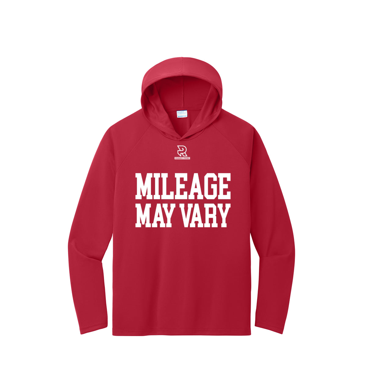 MILEAGE MAY VARY (White) - Long Sleeve Hooded Performance Tee