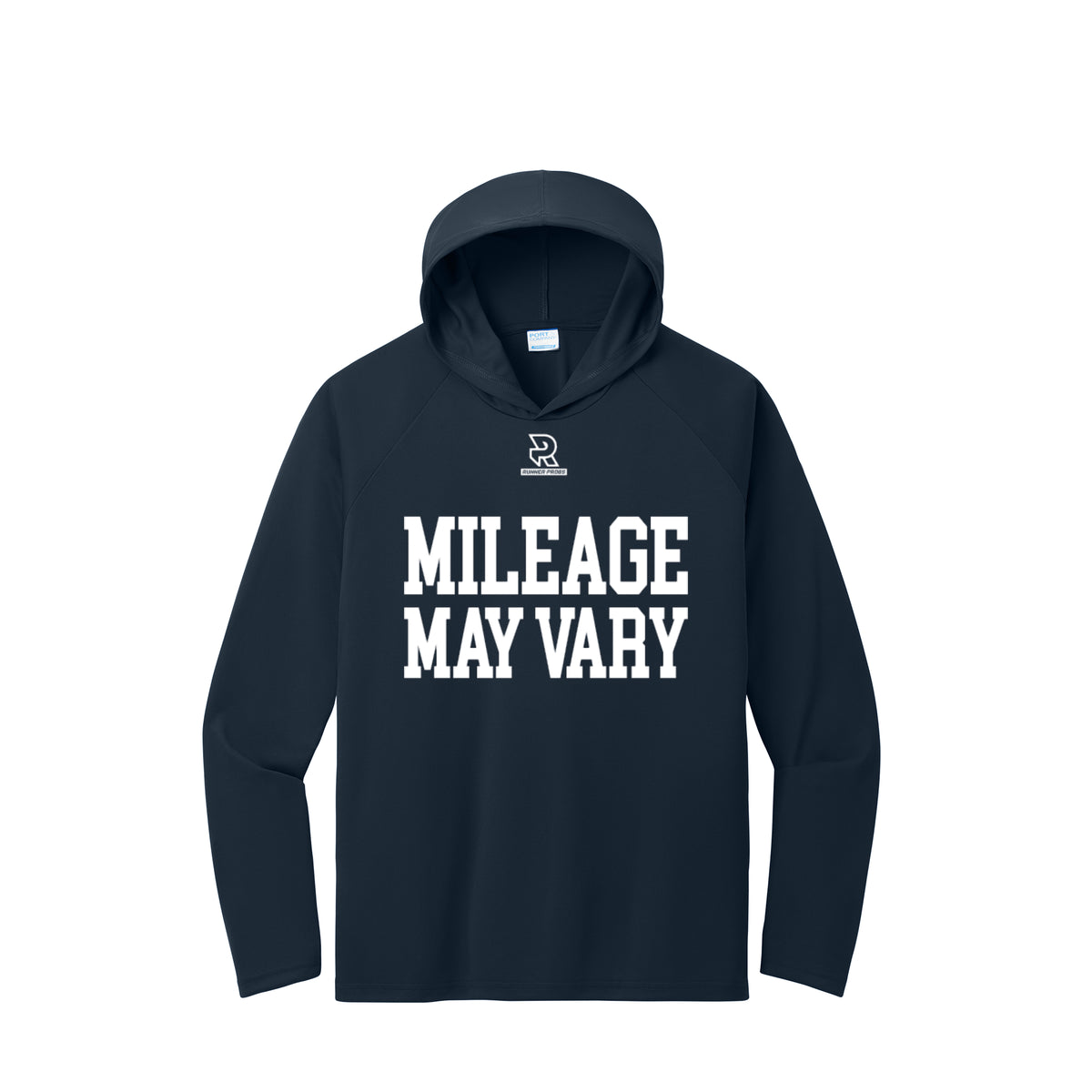 MILEAGE MAY VARY (White) - Long Sleeve Hooded Performance Tee