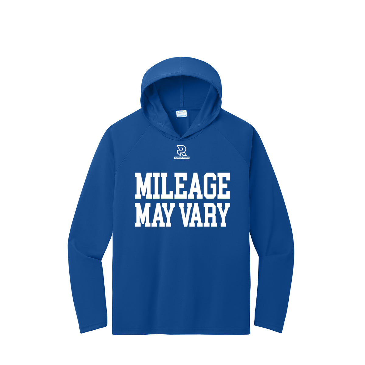 MILEAGE MAY VARY (White) - Long Sleeve Hooded Performance Tee