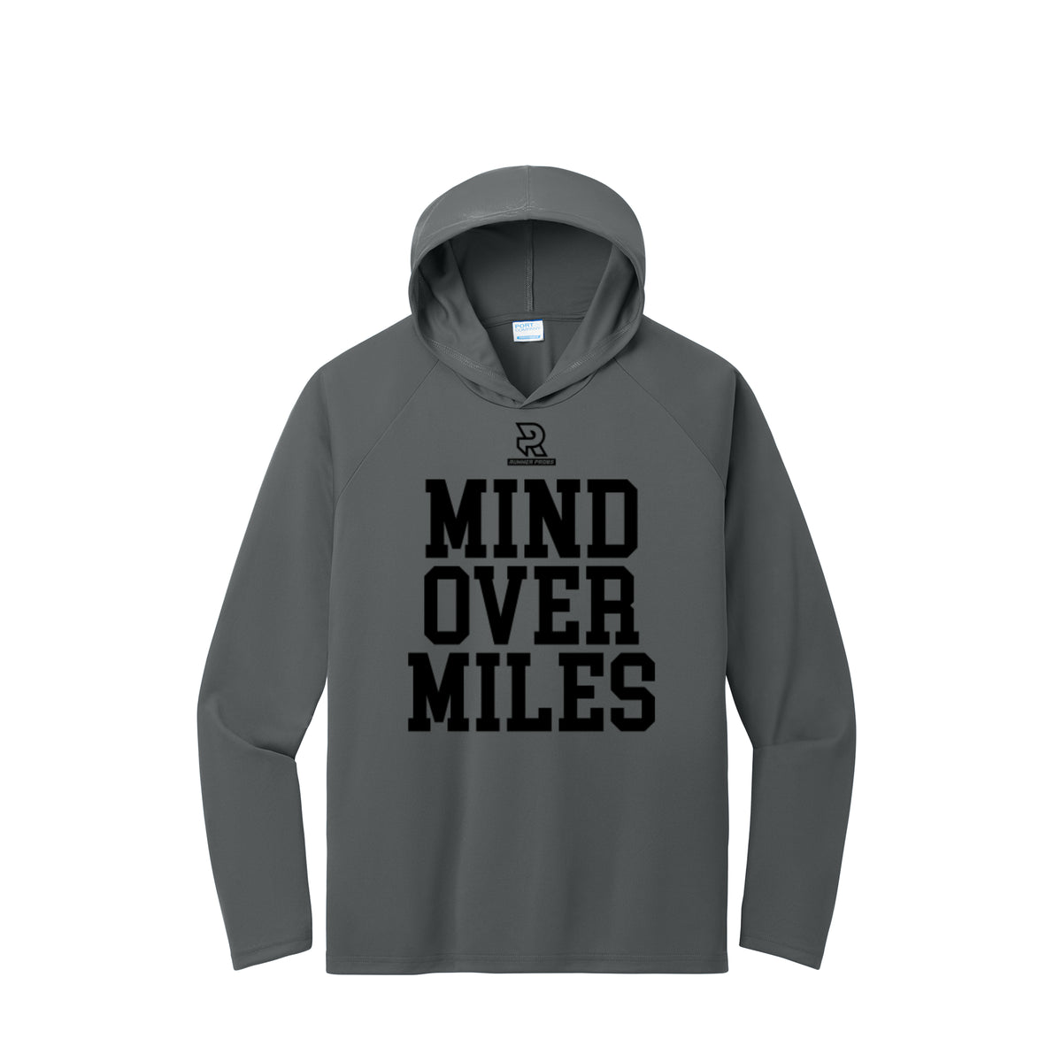 MIND OVER MILES (Black) - Long Sleeve Hooded Performance Tee